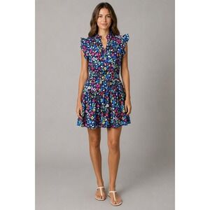 PINCH Floral Mini Dress Womens S Blue Ruffle Cotton Smocked Tiered Boho Preppy